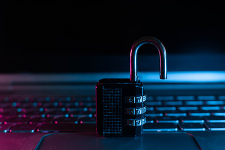 Padlock on laptop computer keyboard. Cyber security and privacy concept.の写真素材
