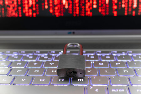 Padlock on laptop keyboard with stock market data on the background.の写真素材