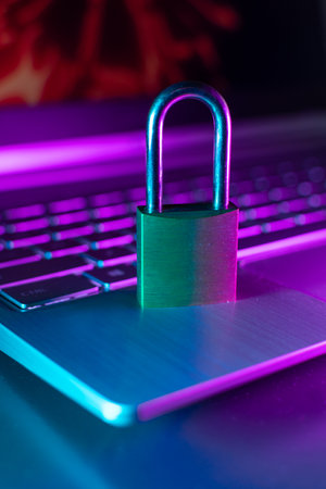 Padlock on a laptop keyboard. Cyber security concept. Close up.の写真素材