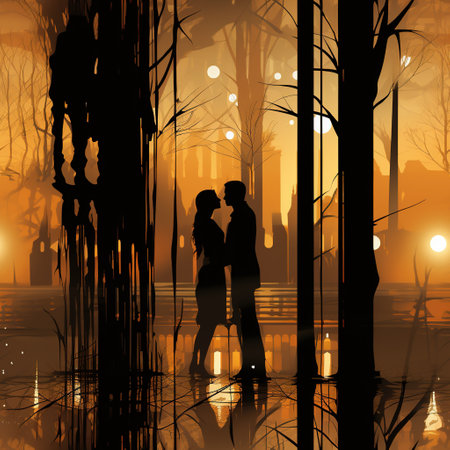 Couple in love in the forest at sunset. Vector illustration.の素材