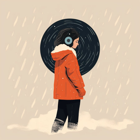 Girl in a red coat in the winter in the rain. Vector illustration.の素材