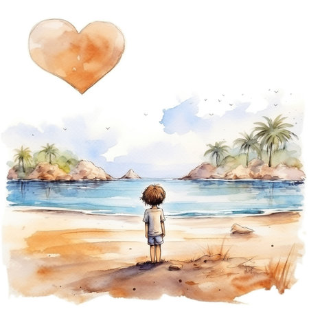 Watercolor illustration of a boy on the beach with a heart.の素材