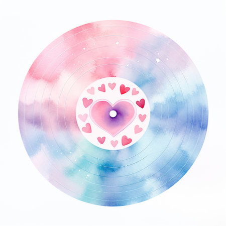 Watercolor illustration of a blue vinyl record with hearts on it.の素材