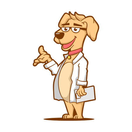 Dog cartoon character wearing lab coat medical vector illustration, mascot for veterinary clinic, pet care.のイラスト素材