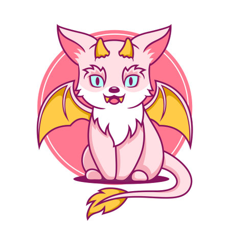 cute fantasy cat dragon cartoon illustrationのイラスト素材