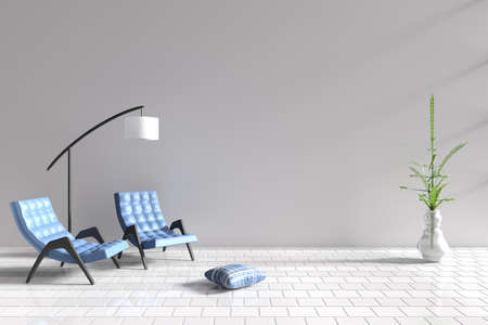 Living room in relax day. Decor with two blue armchair, blue-white pillow, white lamp, tree in vase, grid cement wall and tile floor. The sun shines through the window into the shadows. 3D render.の写真素材