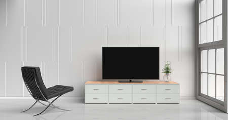 Smart tv on tv stand  in white living room decorated with wood white tv stand, tree in glass vase, black arm chair, white cement wall it is grid pattern, white  floor and light window. 3d rendering.の写真素材