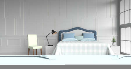 White bed room decorated with tree in glass vase, red pillows, white wood bedside table, table light blue blanket, Chair, Window, White cement wall it is pattern, white cement floor. 3d rendering.の写真素材