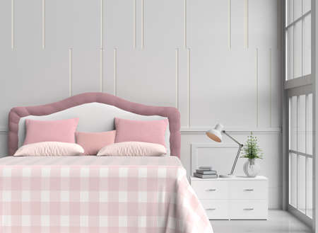 White bed room decorated with tree in glass vase, pink&orange pillows, white wood bedside...