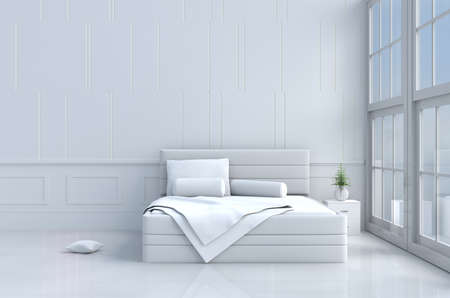 White bed room decor with tree in glass vase, pillows, white blanket, window, sky, lamp,bookcase,white wall it is pattern,The sun shines through the window into the shadows,White floor.3d rendering.の写真素材