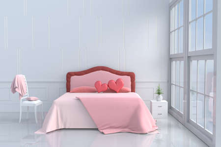 Red hearts on pink bed in bedroom of love.Decor with two hearts, tree in glass vase, wood bedside table,window,chair,pillow,blanket,Rooms of Love on Valentine`s Day. Background and interior. 3D render.の写真素材