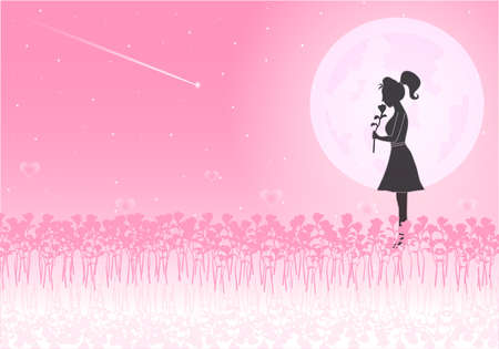 A loving woman holding a rose standing in a pink rose garden. Moonlight of love splashes and meteors send love to her. Love on Valentine`s Day. Background illustrator.の写真素材