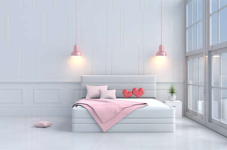 Red hearts on pink bed in bedroom of love.Decor with two hearts, tree in glass vase, wood bedside...