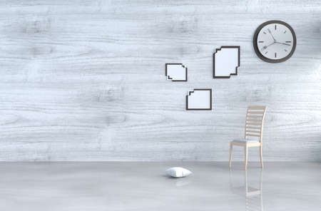 Grey-White living room decor with a wood chair, wall clock, white wood wall, window, pillow,...