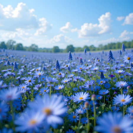 Blue flowers in a sunny meadow in springtime. Nature background.の素材