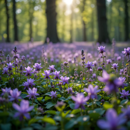 Beautiful purple flowers in the forest at sunrise. Spring landscape.の素材