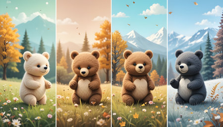 Teddy bears in the autumn forest. 3d render illustration.の素材