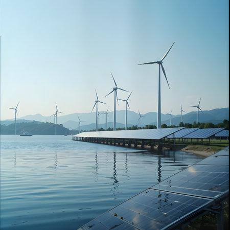 Solar panels and wind turbines in a lake with mountains in the backgroundの素材