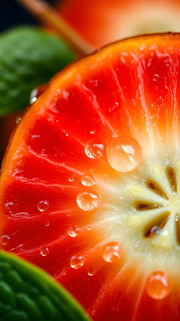 Close-up of fresh red persimmon with water dropletsの素材