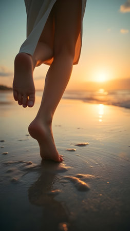 Legs of a young girl in a white dress on the beach at sunsetの素材