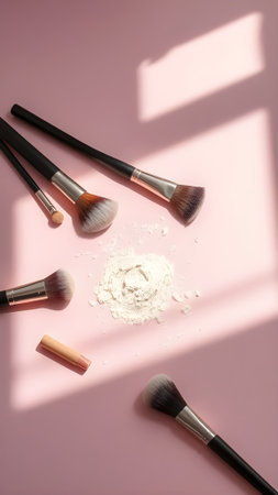 Makeup brushes and powder on pink background with shadows, top viewの素材