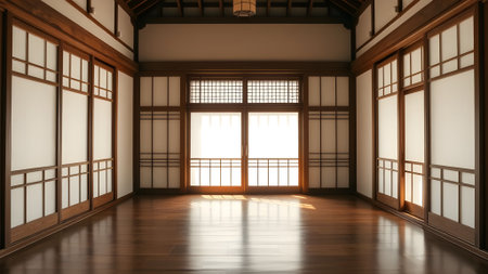 Japanese-style room with large window and floor. 3D renderingの素材