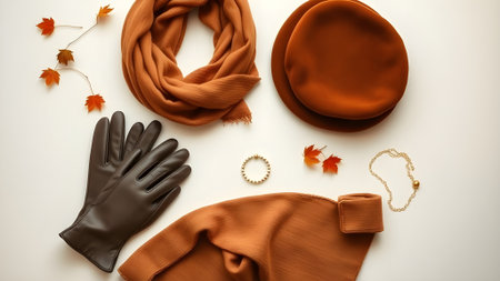 Flat lay composition with scarf, gloves and autumn leaves on white backgroundの素材