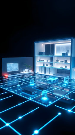 3d rendering of a modern lab with blue lights on the wallの素材