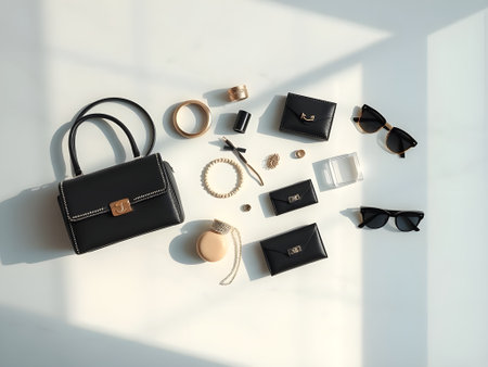 Flat lay composition with woman's accessories on light background. Top viewの素材