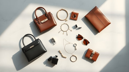 Women's accessories on a white background. Flat lay, top view.の素材
