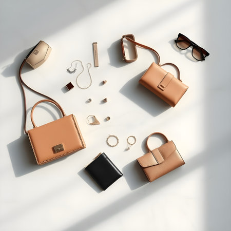 Set of women's accessories on a light background. Flat lay, top viewの素材