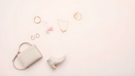 Fashionable women's accessories on a white background. Flat lay, top view.の素材