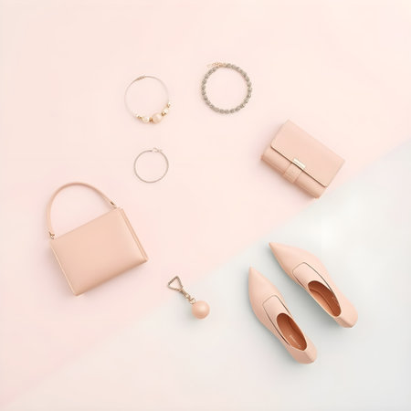 Flat lay composition with female accessories on color background. Fashion blog conceptの素材
