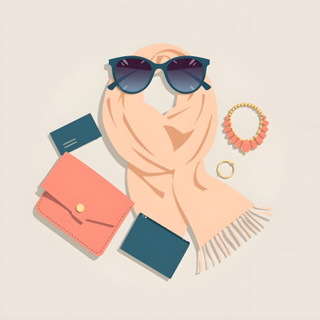 Vector illustration of woman's accessories: scarf, sunglasses, purse, jewelry.の素材