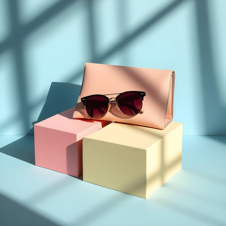 Sunglasses and a bag on a blue background. 3d renderingの素材