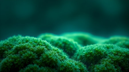 Green moss close-up on a dark green background. Macro photographyの素材