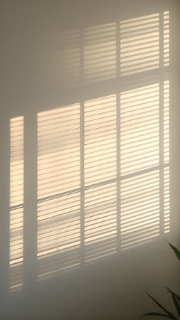 Sunlight through the blinds on a white wall of a roomの素材