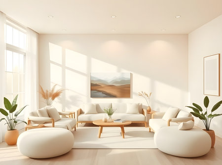 Interior of modern living room with white walls, wooden floor, white sofas with cushions and coffee table. 3d renderingの素材