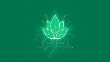 Neon plant icon on green background. Artificial intelligence concept. 3D Renderingの素材