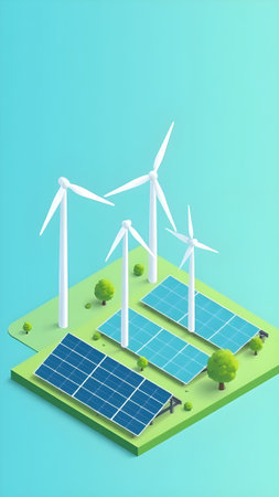 Solar panels and wind turbines on green background. Renewable energy concept. 3D renderingの素材