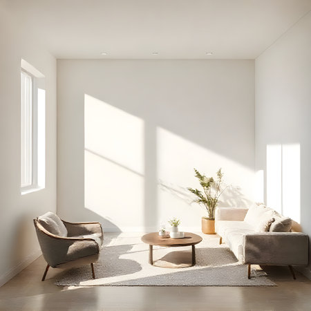 Interior of modern living room with white walls, concrete floor, comfortable gray armchairs and coffee table. 3d renderingの素材
