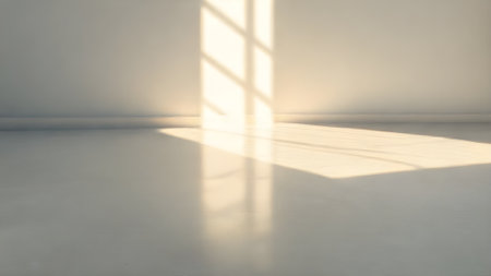 Empty room with sunlight and shadows from window. 3d rendering.の素材