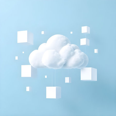 Cloud computing concept with white cubes on blue background. 3D Renderingの素材