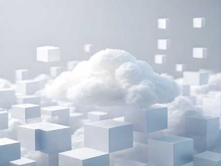 Cloud computing concept as a 3D illustration of a white cloud in a blue sky surrounded by white cubes.の素材
