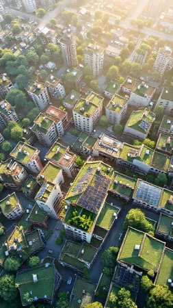 Aerial view of a residential area with solar panels on the roofの素材