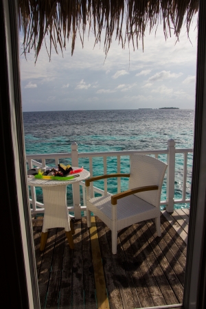 The balcony of water bungalow in Maldivesの写真素材
