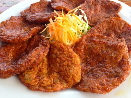 Pieces of fish cake on the plateの写真素材