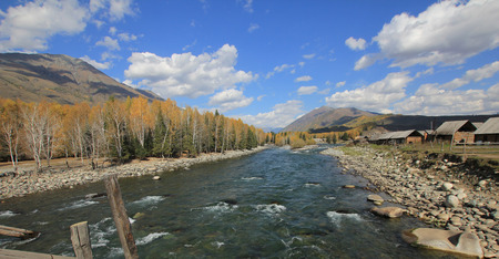 Clear stream in Hemu village, Xinjiang, Chinaの写真素材