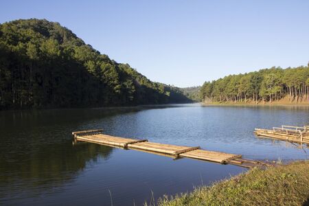 Bamboo raft floating in the lake in natural atmosphereの写真素材