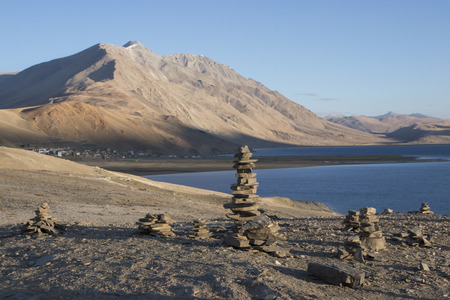 Stone pyramid at Tso Moriri,  Ladakh, Indiaの写真素材